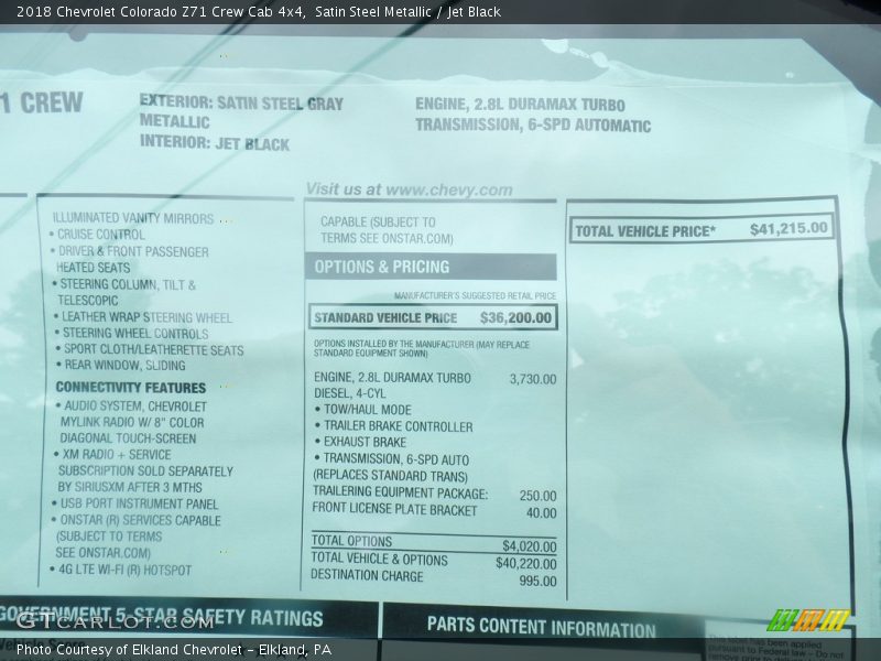 Satin Steel Metallic / Jet Black 2018 Chevrolet Colorado Z71 Crew Cab 4x4