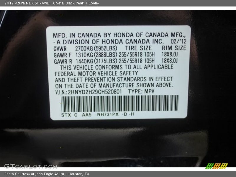 Crystal Black Pearl / Ebony 2012 Acura MDX SH-AWD