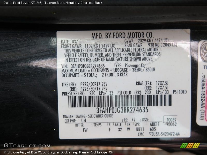 Tuxedo Black Metallic / Charcoal Black 2011 Ford Fusion SEL V6