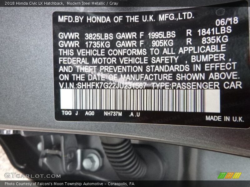 Modern Steel Metallic / Gray 2018 Honda Civic LX Hatchback