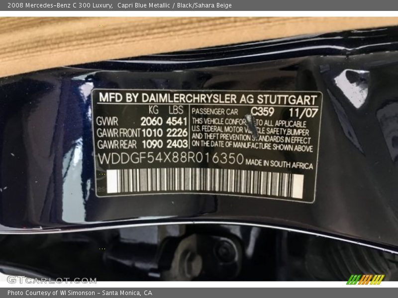 Capri Blue Metallic / Black/Sahara Beige 2008 Mercedes-Benz C 300 Luxury
