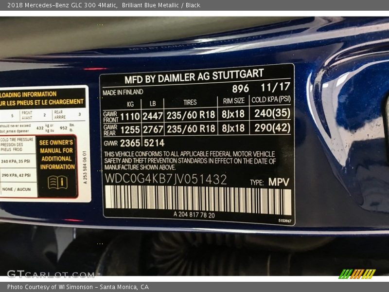 Brilliant Blue Metallic / Black 2018 Mercedes-Benz GLC 300 4Matic