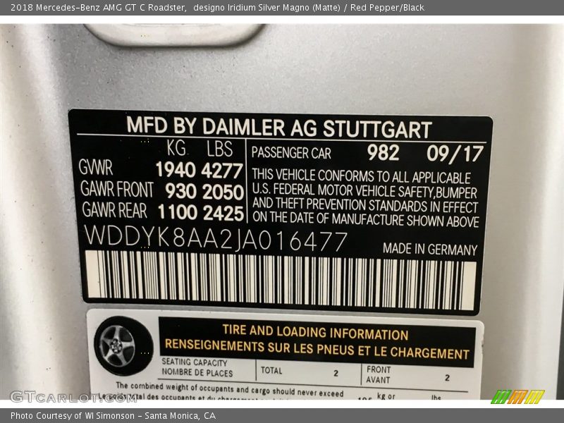 2018 AMG GT C Roadster designo Iridium Silver Magno (Matte) Color Code 982