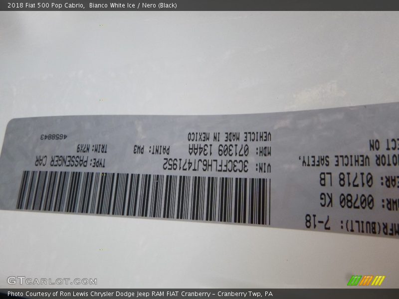 2018 500 Pop Cabrio Bianco White Ice Color Code PW3