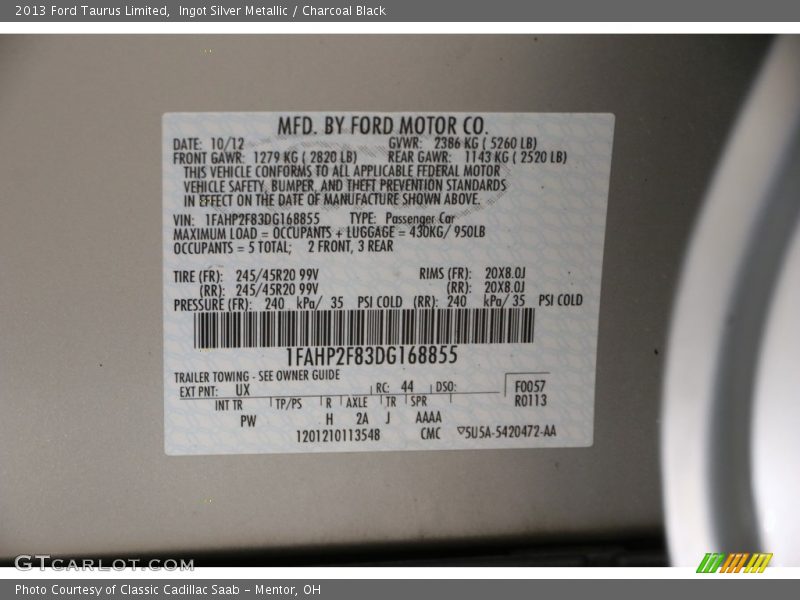 Ingot Silver Metallic / Charcoal Black 2013 Ford Taurus Limited