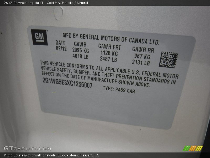 Gold Mist Metallic / Neutral 2012 Chevrolet Impala LT