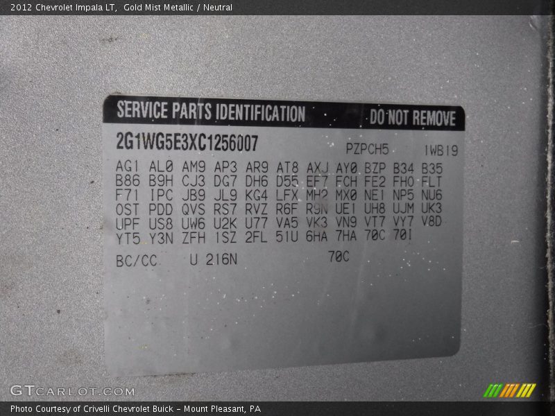 Gold Mist Metallic / Neutral 2012 Chevrolet Impala LT