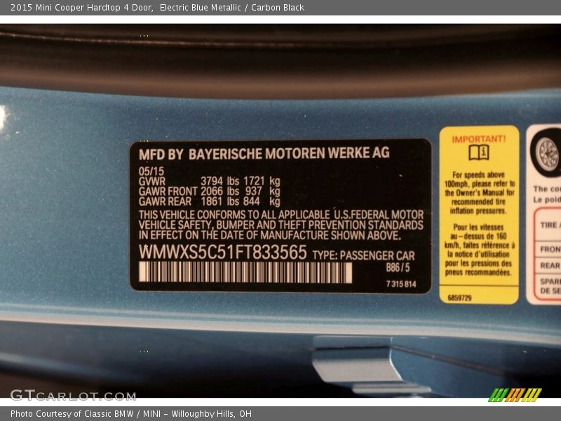 Electric Blue Metallic / Carbon Black 2015 Mini Cooper Hardtop 4 Door