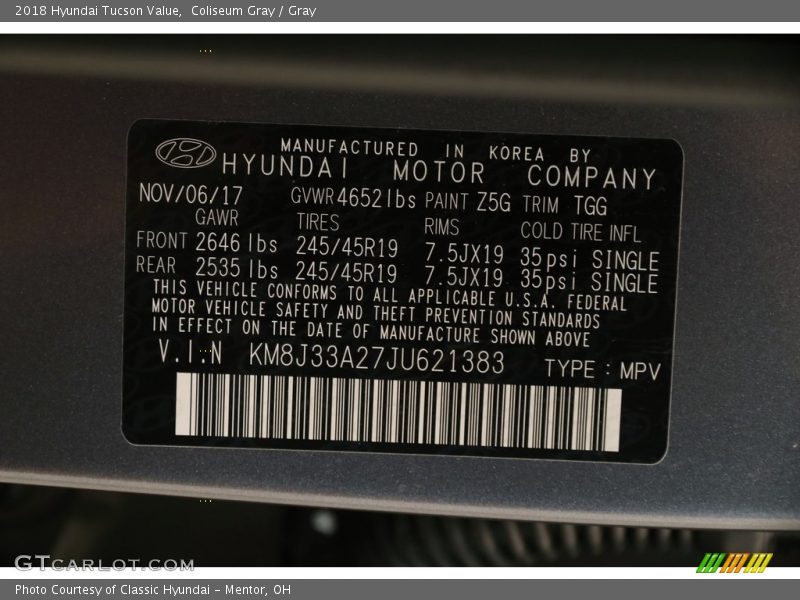 Coliseum Gray / Gray 2018 Hyundai Tucson Value