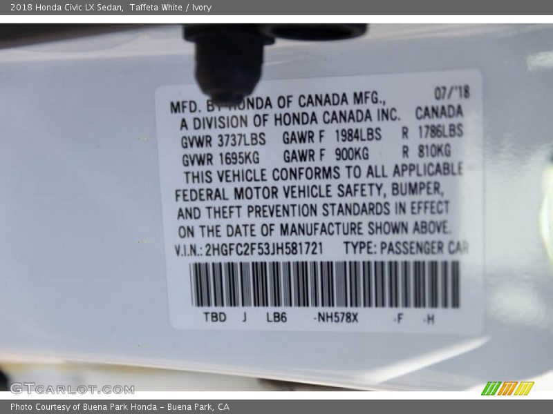 Taffeta White / Ivory 2018 Honda Civic LX Sedan