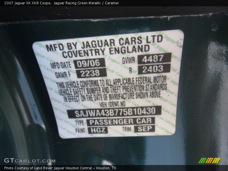 2007 XK XK8 Coupe Jaguar Racing Green Metallic Color Code HGZ