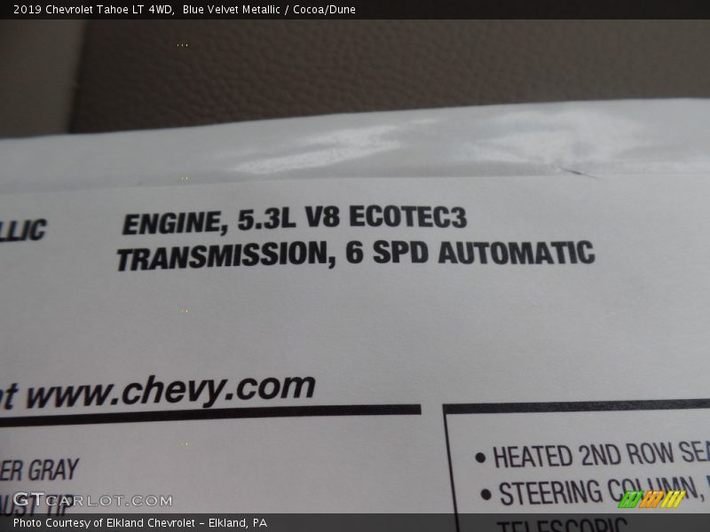 Blue Velvet Metallic / Cocoa/Dune 2019 Chevrolet Tahoe LT 4WD