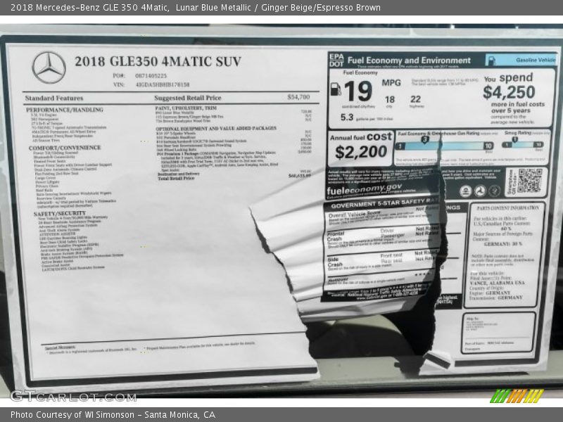 Lunar Blue Metallic / Ginger Beige/Espresso Brown 2018 Mercedes-Benz GLE 350 4Matic