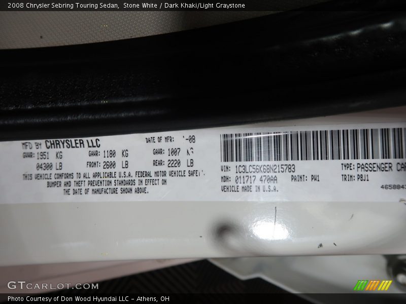 Stone White / Dark Khaki/Light Graystone 2008 Chrysler Sebring Touring Sedan