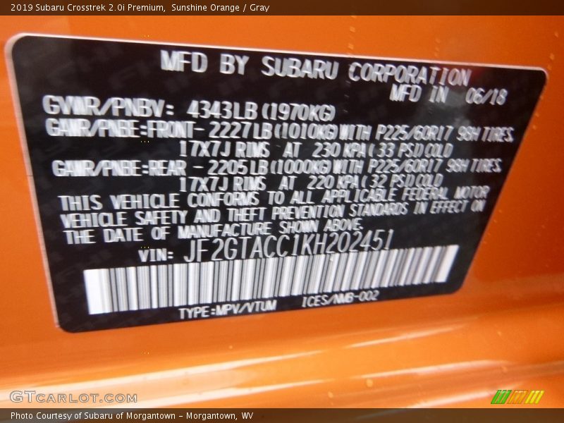 Sunshine Orange / Gray 2019 Subaru Crosstrek 2.0i Premium