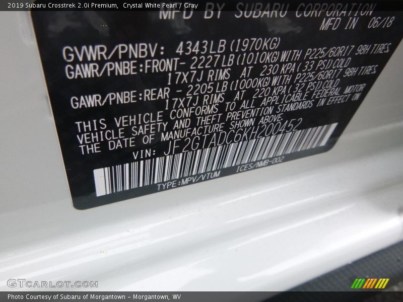 Crystal White Pearl / Gray 2019 Subaru Crosstrek 2.0i Premium