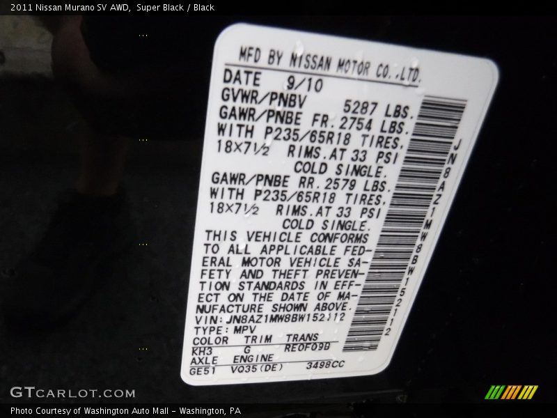 Super Black / Black 2011 Nissan Murano SV AWD