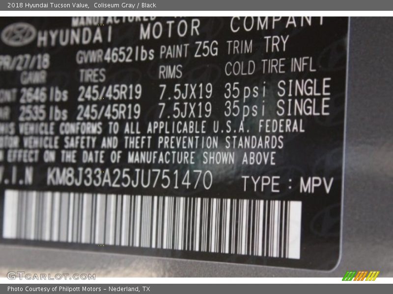 Coliseum Gray / Black 2018 Hyundai Tucson Value