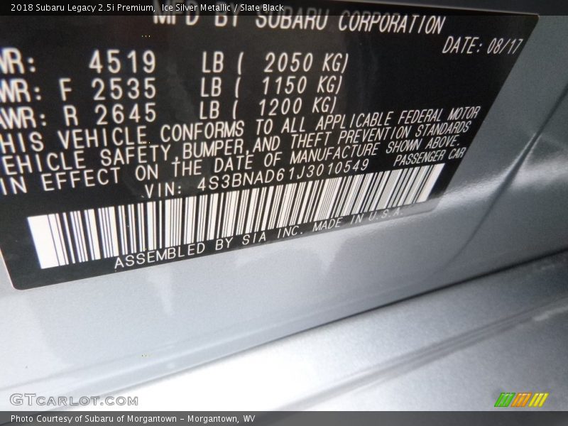 Ice Silver Metallic / Slate Black 2018 Subaru Legacy 2.5i Premium