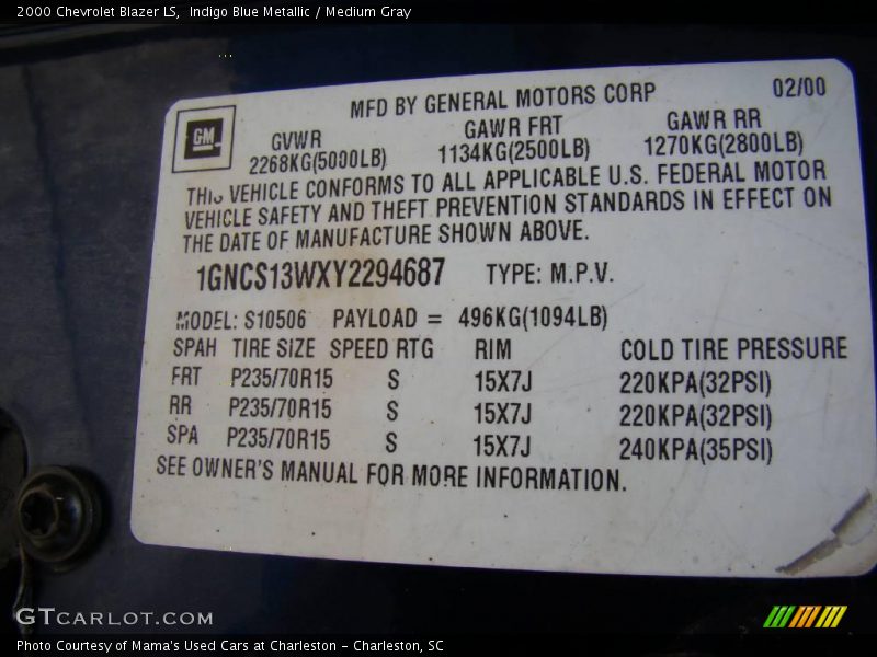 Indigo Blue Metallic / Medium Gray 2000 Chevrolet Blazer LS