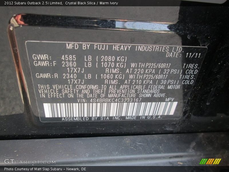 Crystal Black Silica / Warm Ivory 2012 Subaru Outback 2.5i Limited