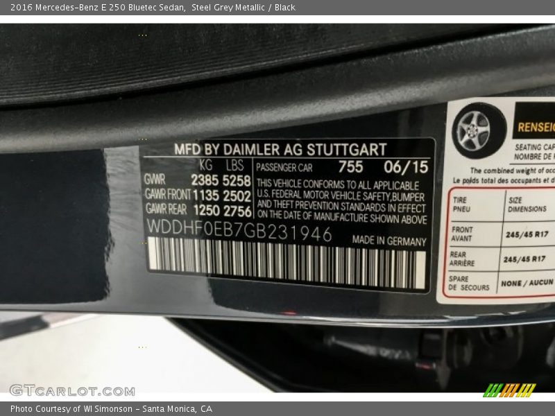 Steel Grey Metallic / Black 2016 Mercedes-Benz E 250 Bluetec Sedan