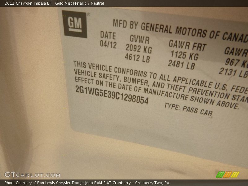 Gold Mist Metallic / Neutral 2012 Chevrolet Impala LT