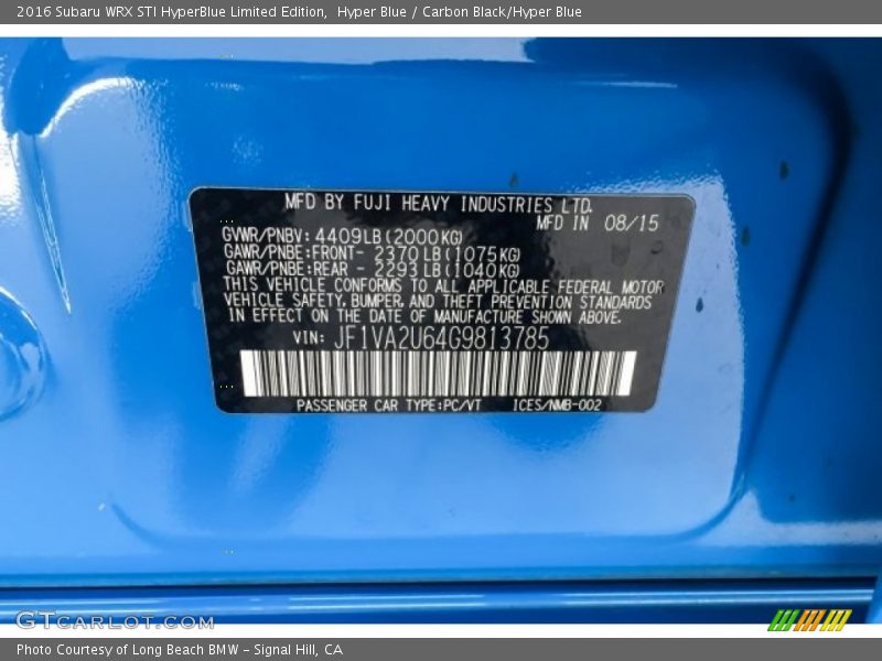 Hyper Blue / Carbon Black/Hyper Blue 2016 Subaru WRX STI HyperBlue Limited Edition