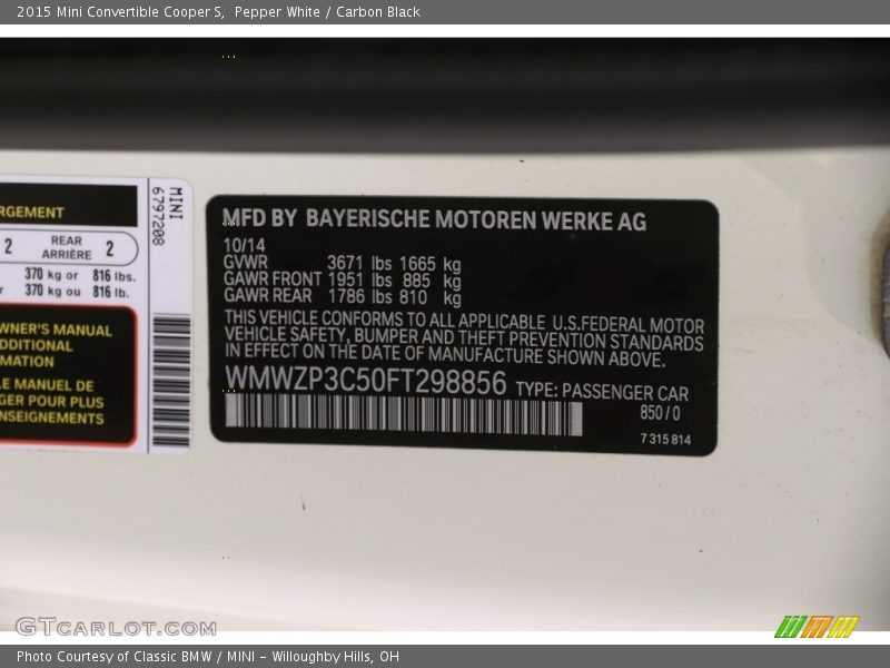 Pepper White / Carbon Black 2015 Mini Convertible Cooper S