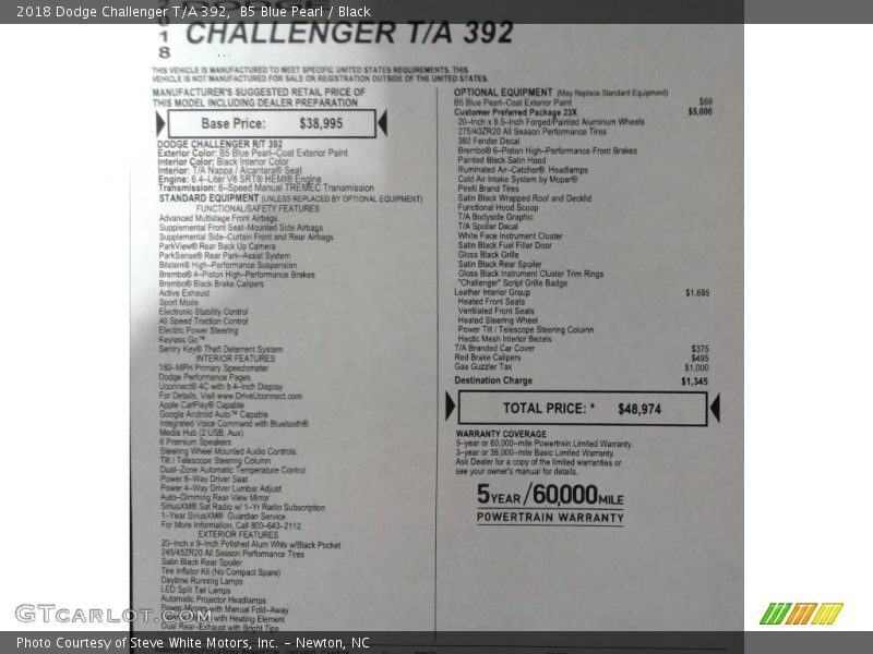 B5 Blue Pearl / Black 2018 Dodge Challenger T/A 392