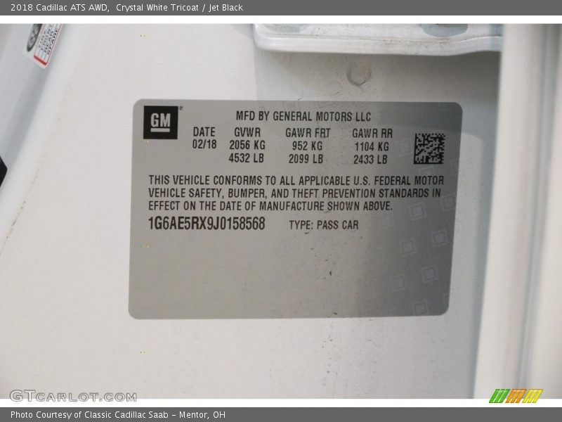 Crystal White Tricoat / Jet Black 2018 Cadillac ATS AWD