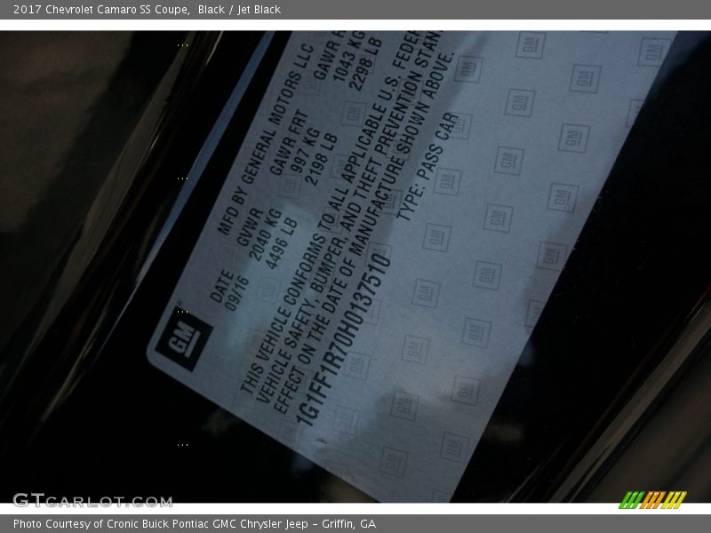 Black / Jet Black 2017 Chevrolet Camaro SS Coupe