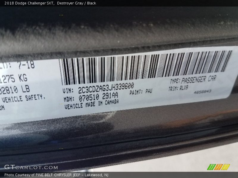Destroyer Gray / Black 2018 Dodge Challenger SXT