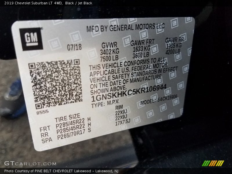 Black / Jet Black 2019 Chevrolet Suburban LT 4WD