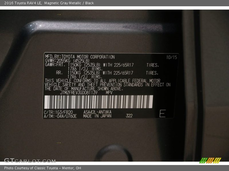 Magnetic Gray Metallic / Black 2016 Toyota RAV4 LE