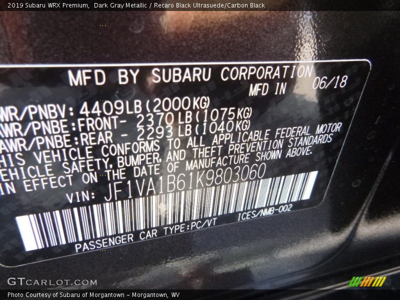 Dark Gray Metallic / Recaro Black Ultrasuede/Carbon Black 2019 Subaru WRX Premium