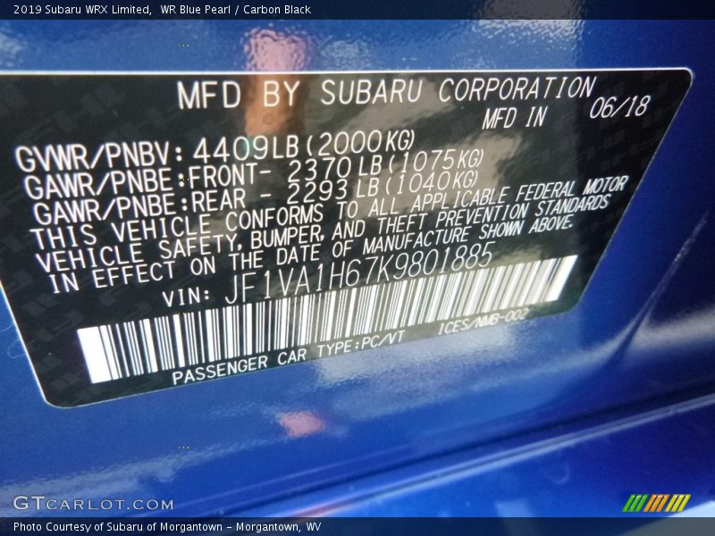 WR Blue Pearl / Carbon Black 2019 Subaru WRX Limited