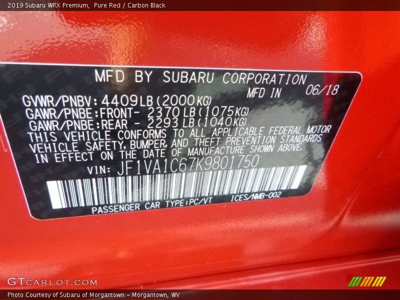 Pure Red / Carbon Black 2019 Subaru WRX Premium