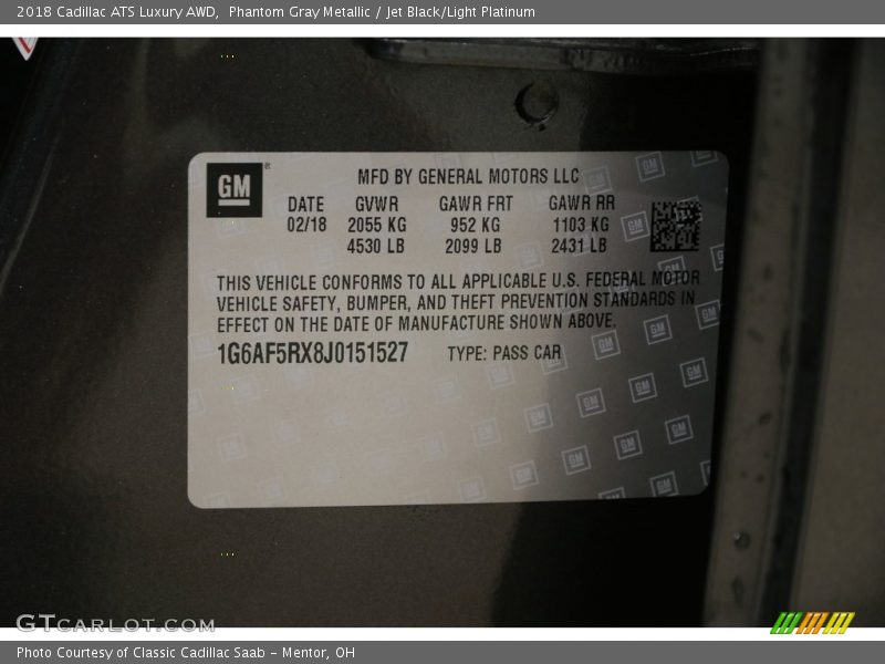 Phantom Gray Metallic / Jet Black/Light Platinum 2018 Cadillac ATS Luxury AWD