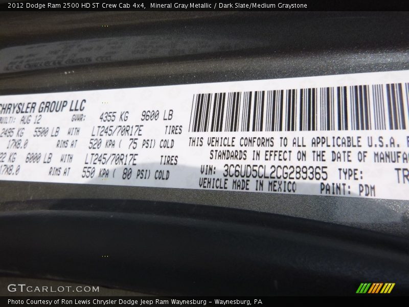 Mineral Gray Metallic / Dark Slate/Medium Graystone 2012 Dodge Ram 2500 HD ST Crew Cab 4x4