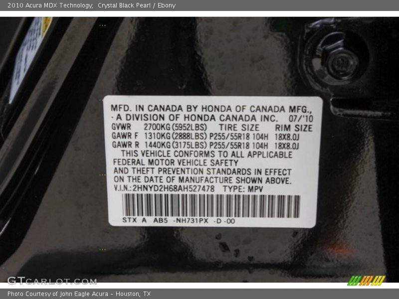 Crystal Black Pearl / Ebony 2010 Acura MDX Technology