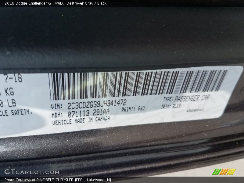 Destroyer Gray / Black 2018 Dodge Challenger GT AWD