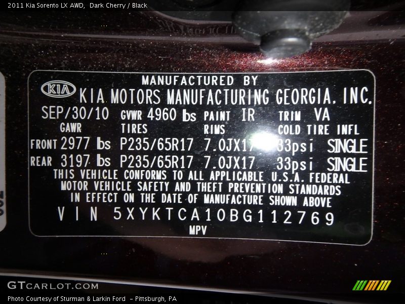 Dark Cherry / Black 2011 Kia Sorento LX AWD