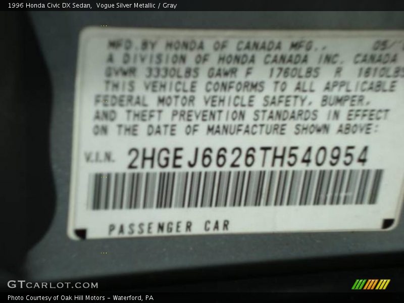 Vogue Silver Metallic / Gray 1996 Honda Civic DX Sedan
