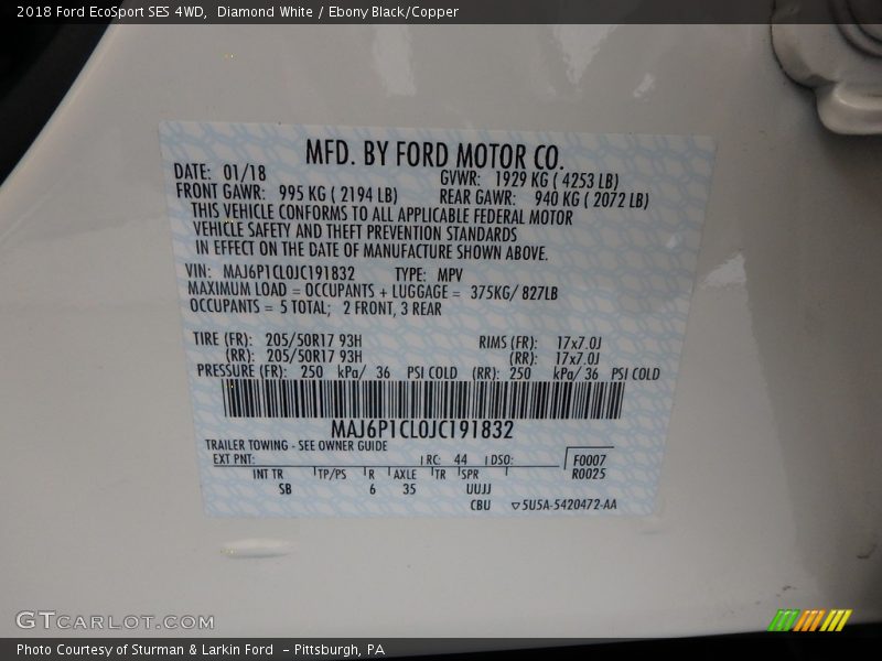 Diamond White / Ebony Black/Copper 2018 Ford EcoSport SES 4WD