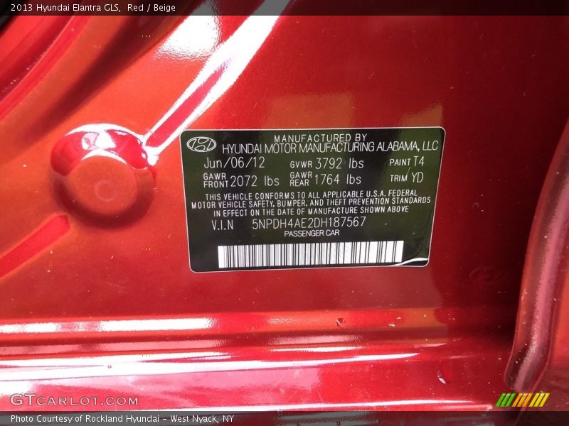 Red / Beige 2013 Hyundai Elantra GLS