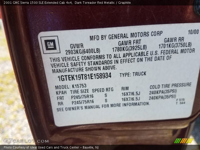 Dark Toreador Red Metallic / Graphite 2001 GMC Sierra 1500 SLE Extended Cab 4x4
