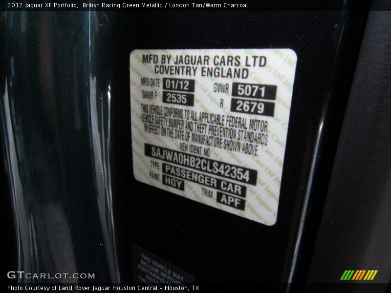 British Racing Green Metallic / London Tan/Warm Charcoal 2012 Jaguar XF Portfolio
