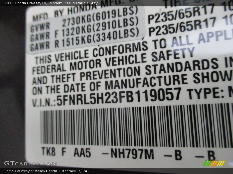 Modern Steel Metallic / Gray 2015 Honda Odyssey LX