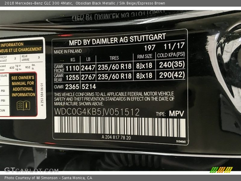 2018 GLC 300 4Matic Obsidian Black Metallic Color Code 197